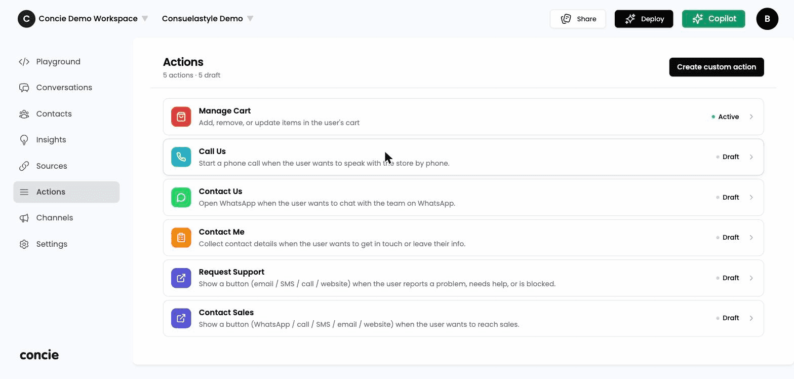 The Actions screen