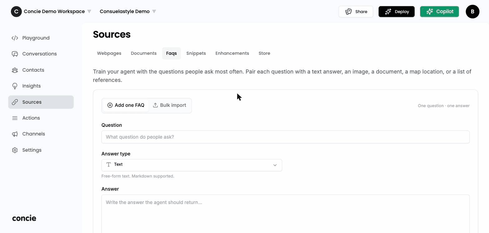 The FAQs source tab