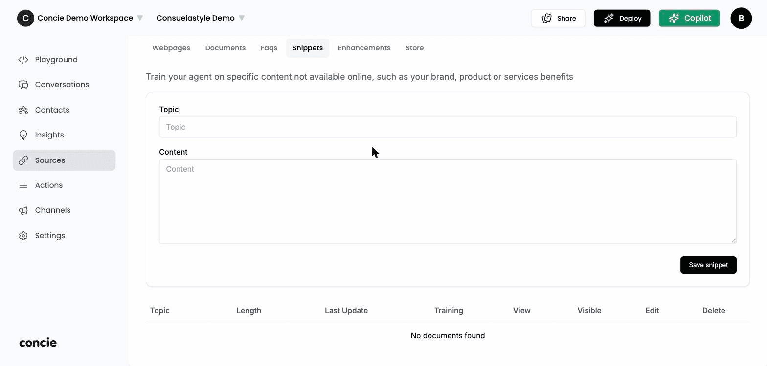 The Snippets source tab
