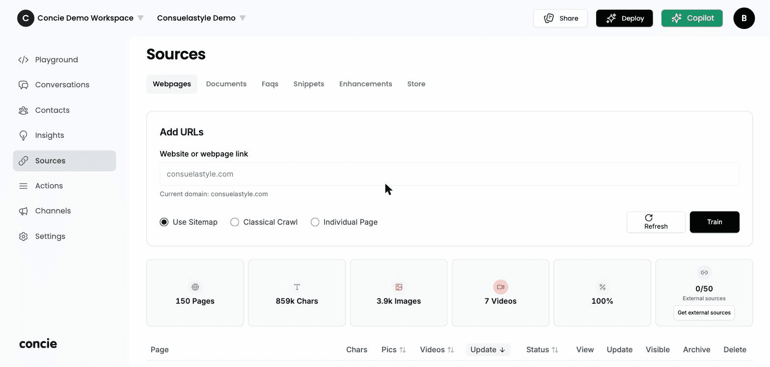 The Sources screen and its tabs